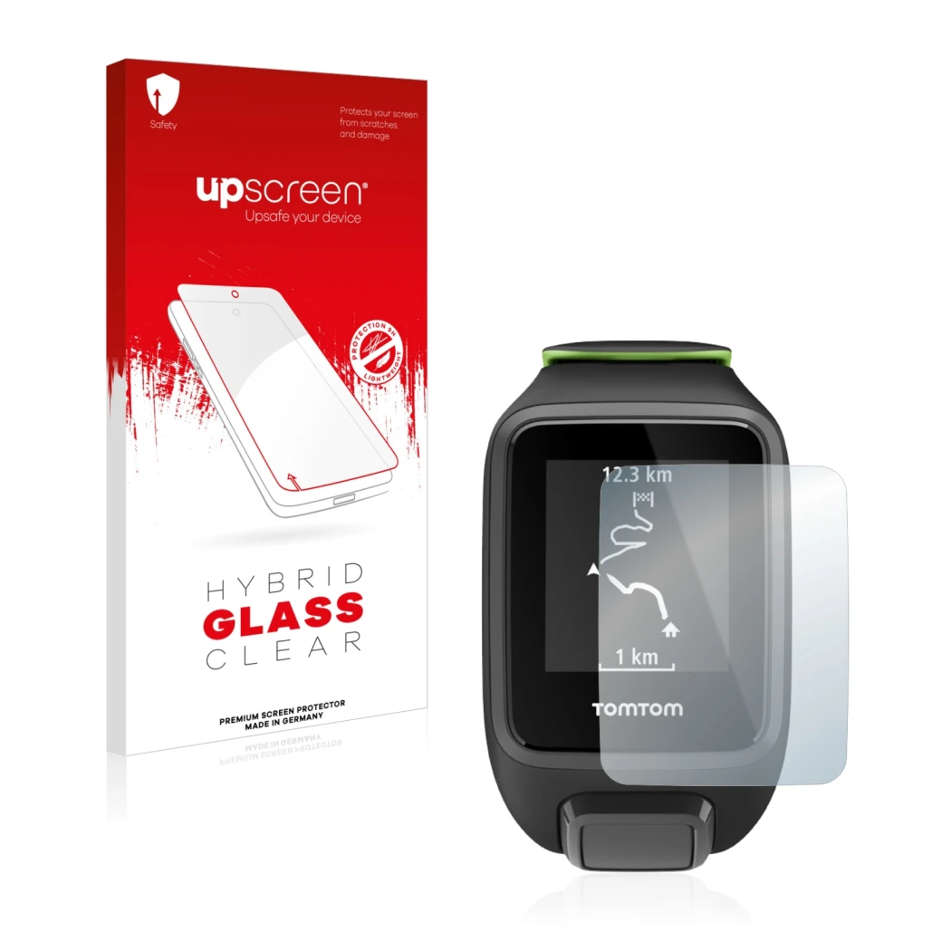 Parte frontal de un envase de producto con el logotipo de la marca upscreen. Al lado se muestra el dispositivo TomTom Runner 3