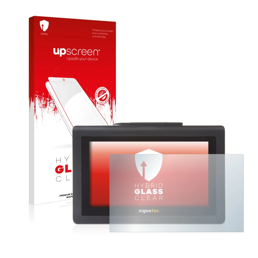 Parte frontal de un envase de producto con el logotipo de la marca upscreen. Al lado se muestra el dispositivo Signotec Signat