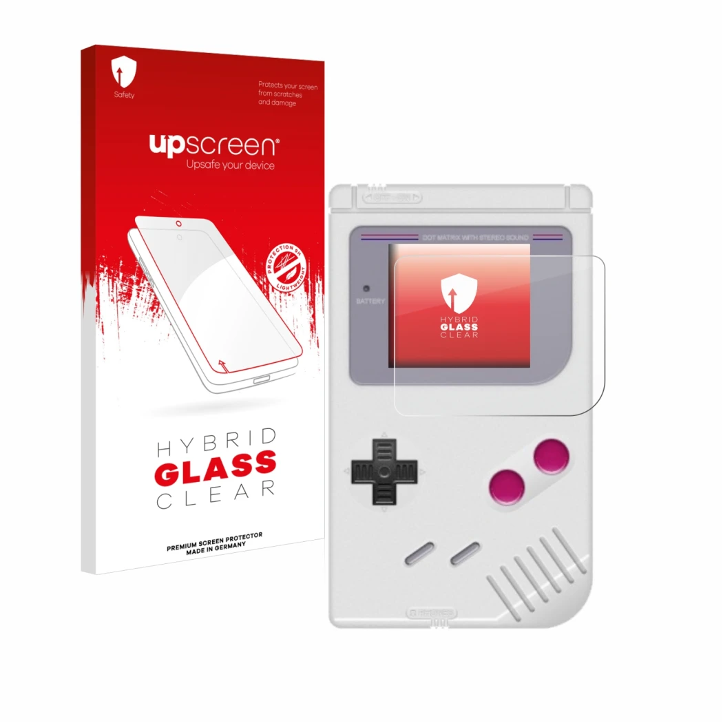 Parte frontal de un envase de producto con el logotipo de la marca upscreen. Al lado se muestra el dispositivo Nintendo Gamebo