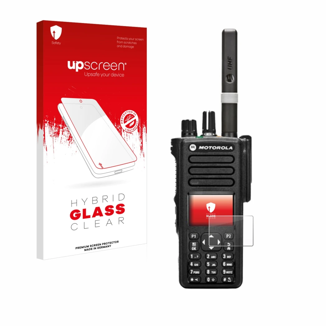 Parte frontal de un envase de producto con el logotipo de la marca upscreen. Al lado se muestra el dispositivo Motorola DP4800
