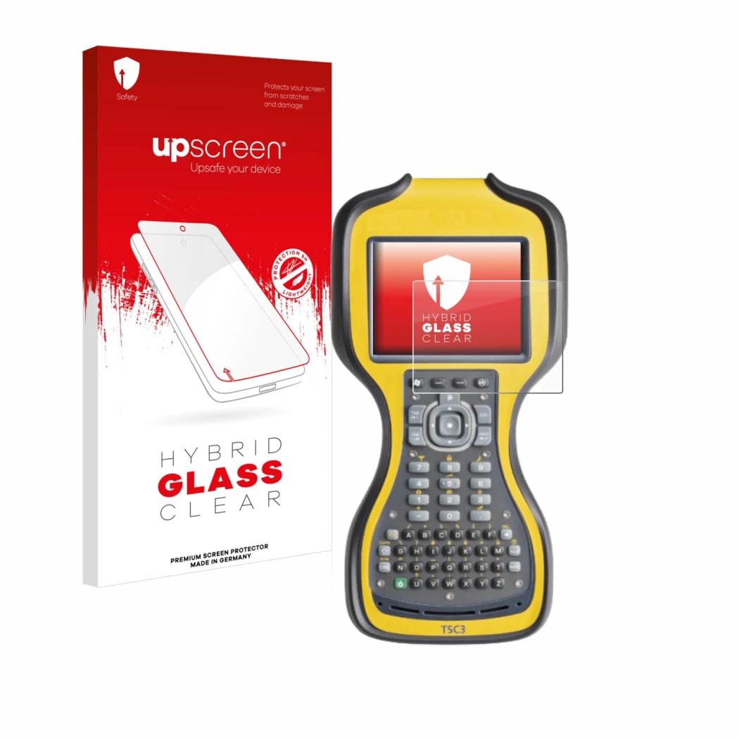 Parte frontal de un envase de producto con el logotipo de la marca upscreen. Al lado se muestra el dispositivo Trimble TSC3 co