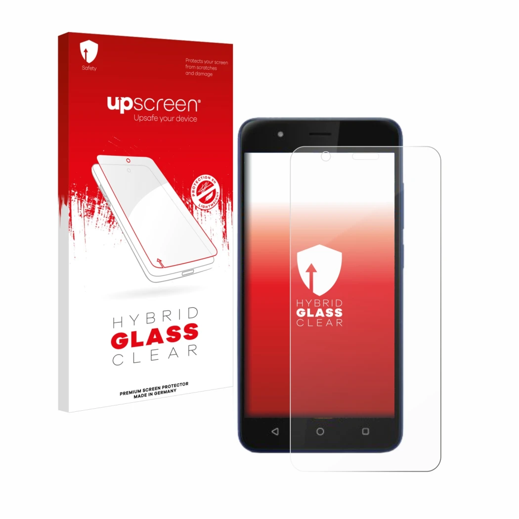Parte frontal de un envase de producto con el logotipo de la marca upscreen. Al lado se muestra el dispositivo Gigaset GS270 p