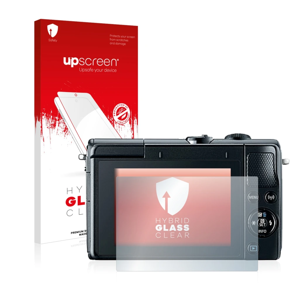 Parte frontal de un envase de producto con el logotipo de la marca upscreen. Al lado se muestra el dispositivo Canon EOS M100 