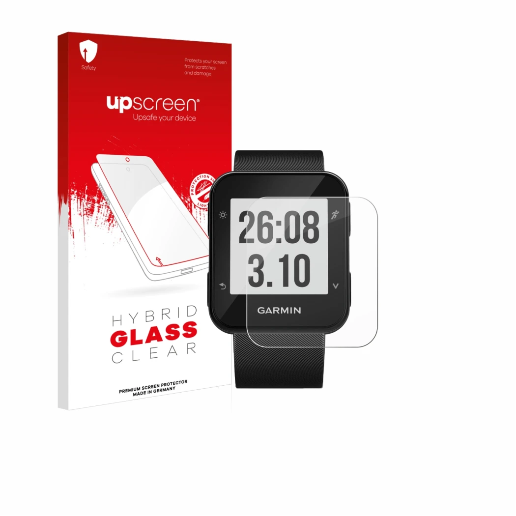 Parte frontal de un envase de producto con el logotipo de la marca upscreen. Al lado se muestra el dispositivo Garmin Forerunn