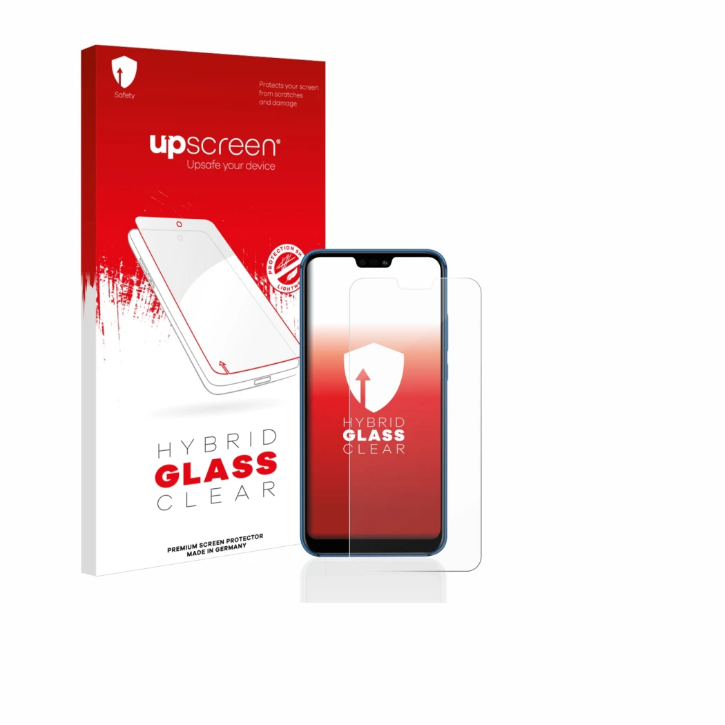 Parte frontal de un envase de producto con el logotipo de la marca upscreen. Al lado se muestra el dispositivo Huawei P20 lite
