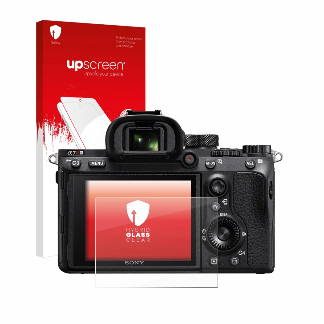 Parte frontal de un envase de producto con el logotipo de la marca upscreen. Al lado se muestra el dispositivo Sony Alpha 7R I