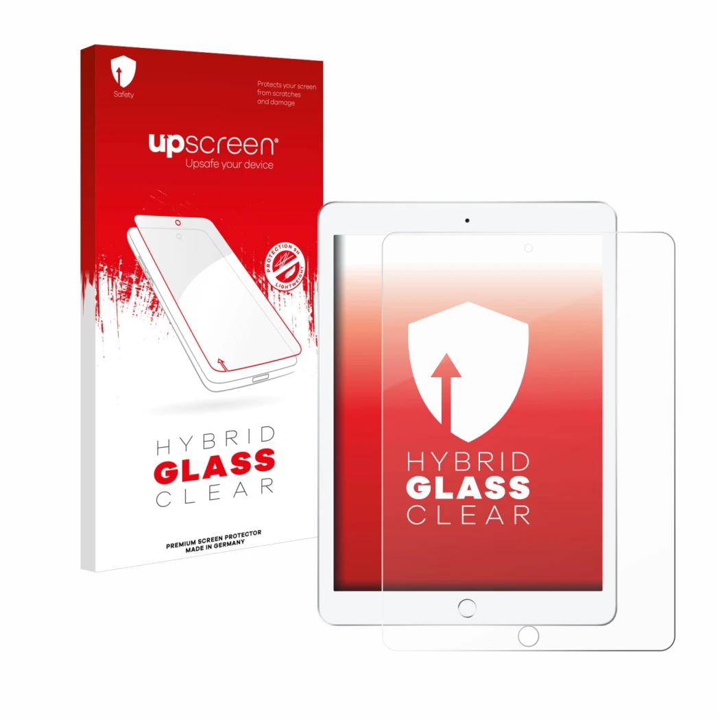 Parte frontal de un envase de producto con el logotipo de la marca upscreen. Al lado se muestra el dispositivo Apple iPad 9.7