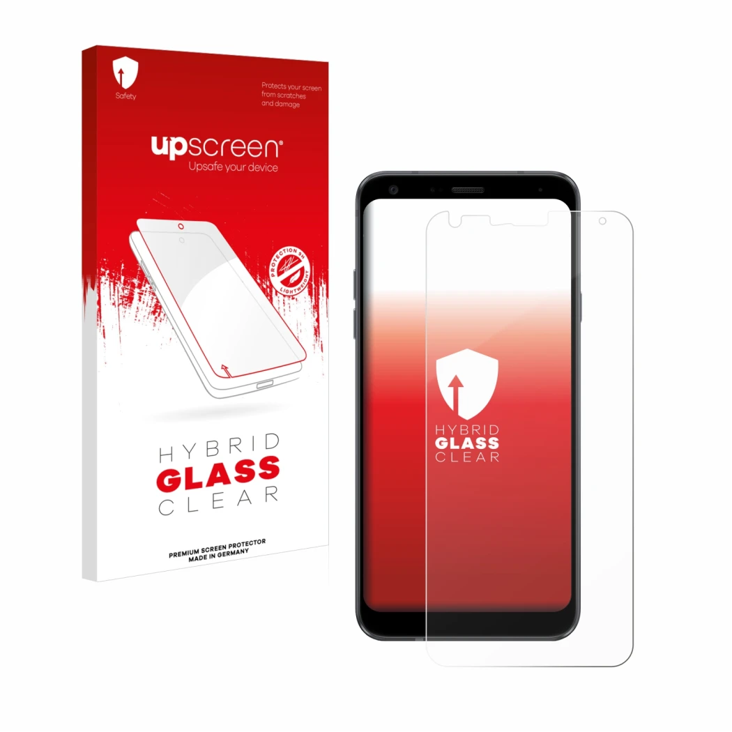 Parte frontal de un envase de producto con el logotipo de la marca upscreen. Al lado se muestra el dispositivo LG Q7 con su pr