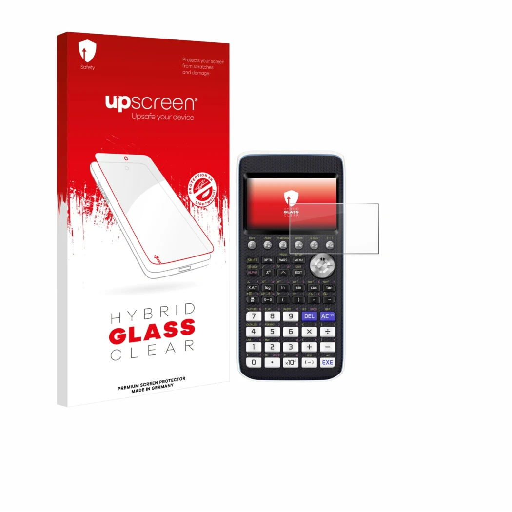 Parte frontal de un envase de producto con el logotipo de la marca upscreen. Al lado se muestra el dispositivo Casio FX-CG50 c