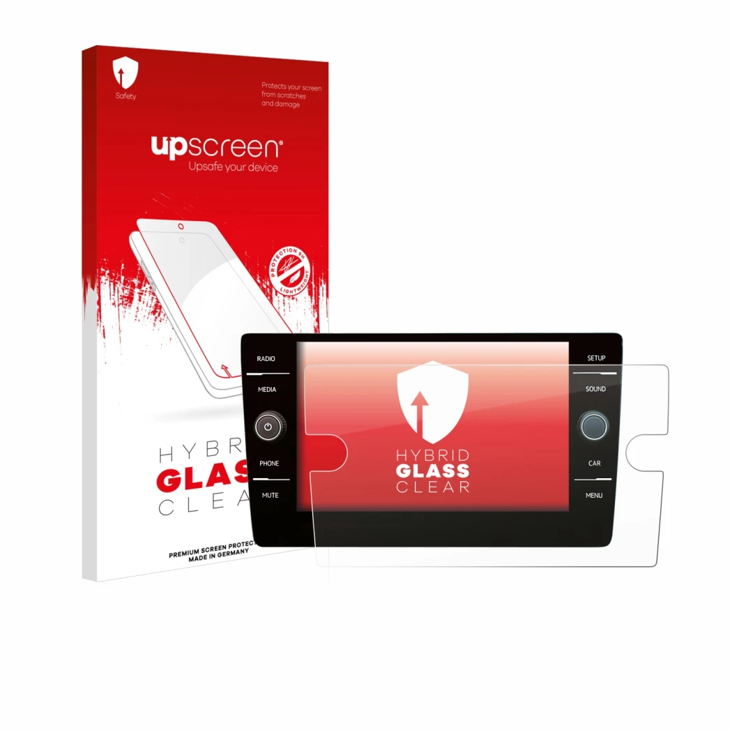 Parte frontal de un envase de producto con el logotipo de la marca upscreen. Al lado se muestra el dispositivo Volkswagen Golf