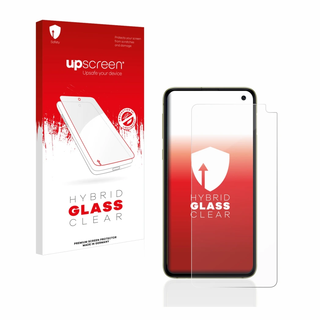 Parte frontal de un envase de producto con el logotipo de la marca upscreen. Al lado se muestra el dispositivo Samsung Galaxy 