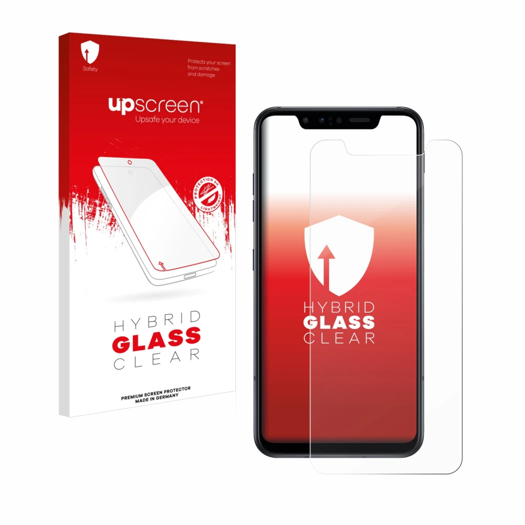 Parte frontal de un envase de producto con el logotipo de la marca upscreen. Al lado se muestra el dispositivo LG G8s ThinQ co