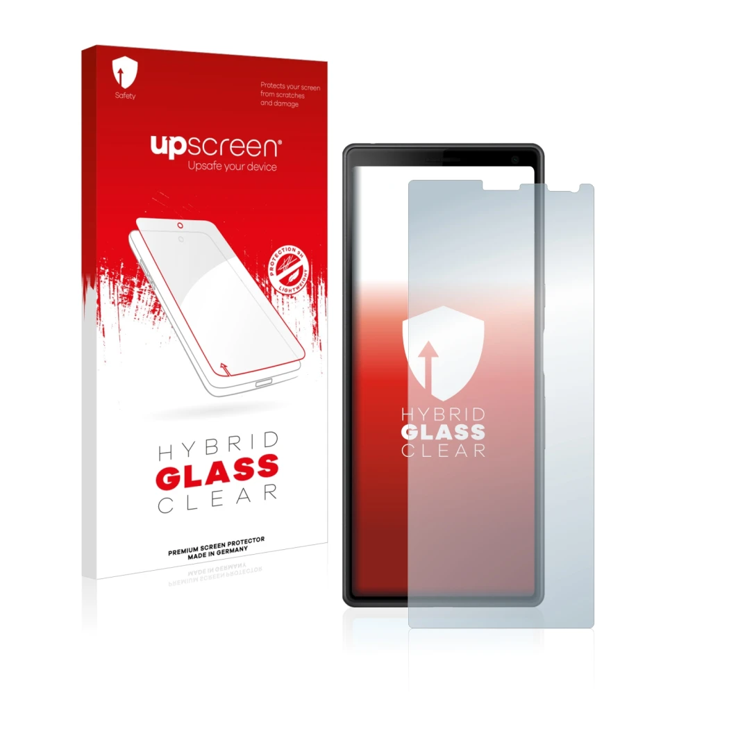 Parte frontal de un envase de producto con el logotipo de la marca upscreen. Al lado se muestra el dispositivo Sony Xperia 10 