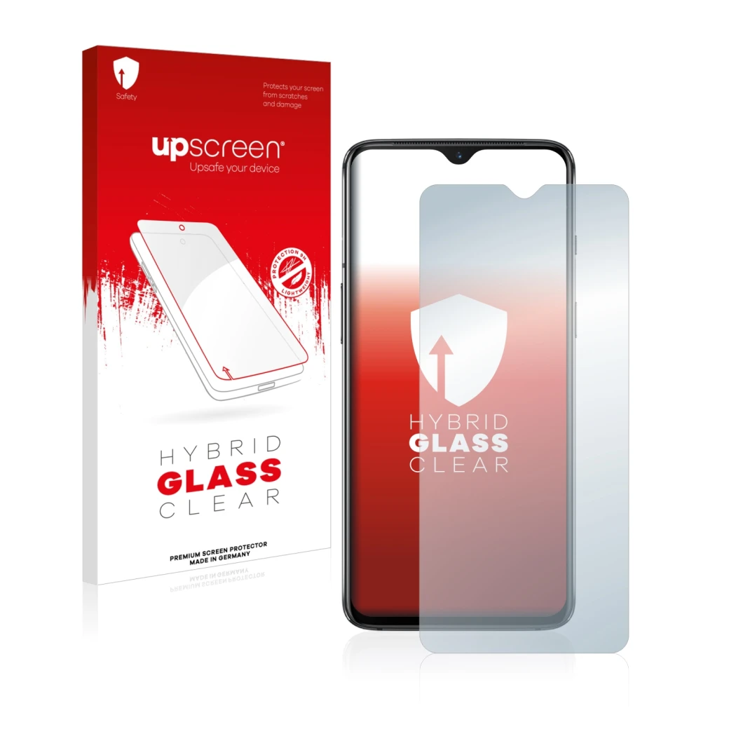 Parte frontal de un envase de producto con el logotipo de la marca upscreen. Al lado se muestra el dispositivo OnePlus 7 con s
