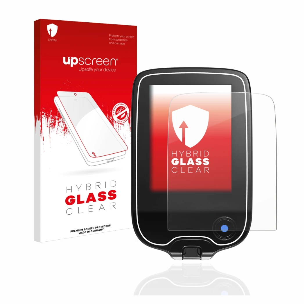 Parte frontal de un envase de producto con el logotipo de la marca upscreen. Al lado se muestra el dispositivo Freestyle Libre