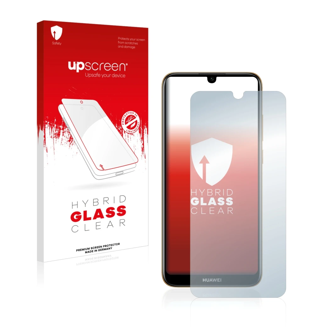 Parte frontal de un envase de producto con el logotipo de la marca upscreen. Al lado se muestra el dispositivo Huawei Y6 2019 