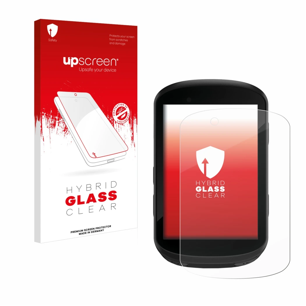 Parte frontal de un envase de producto con el logotipo de la marca upscreen. Al lado se muestra el dispositivo Garmin Edge 830