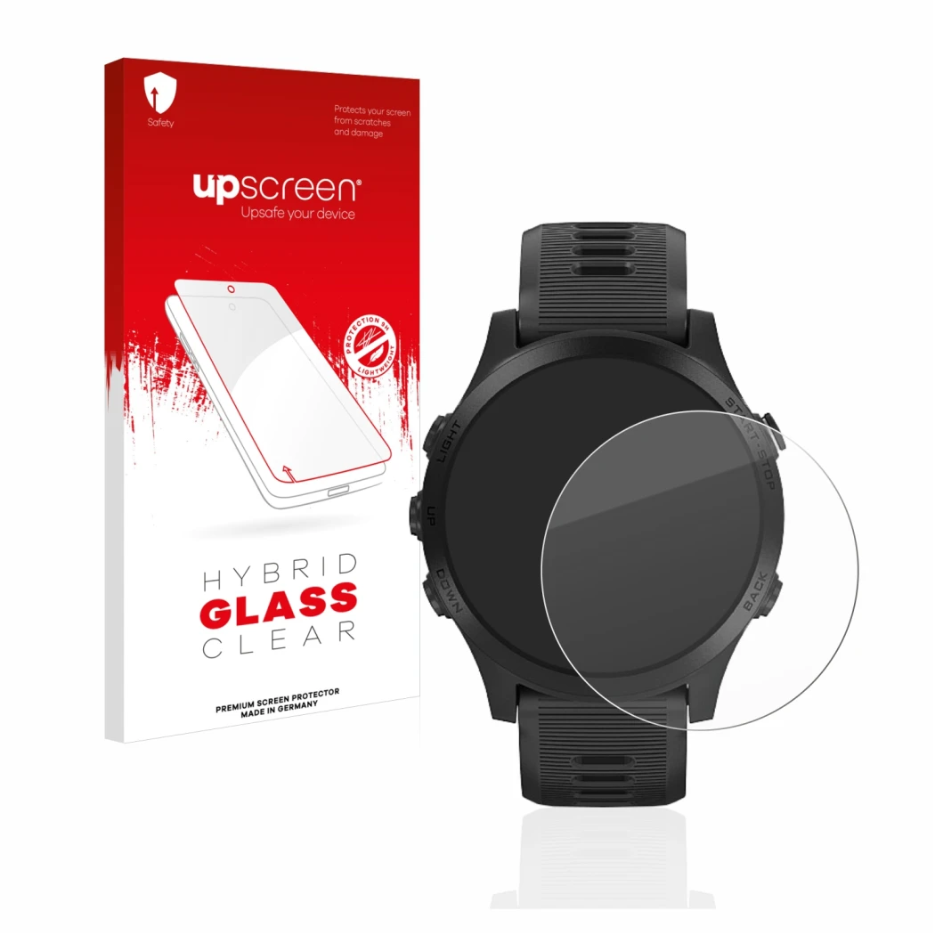 Parte frontal de un envase de producto con el logotipo de la marca upscreen. Al lado se muestra el dispositivo Garmin Forerunn