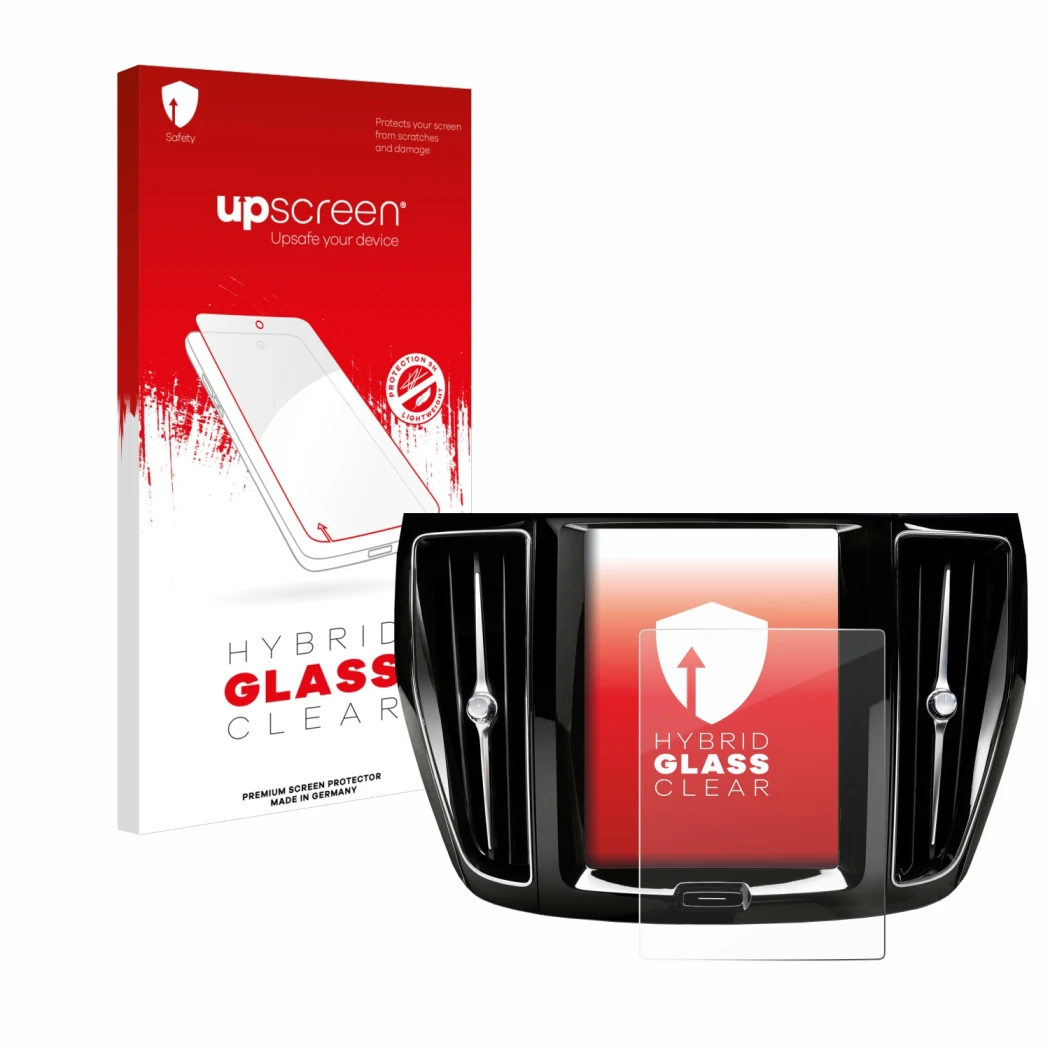 Parte frontal de un envase de producto con el logotipo de la marca upscreen. Al lado se muestra el dispositivo Volvo V60 Sensu