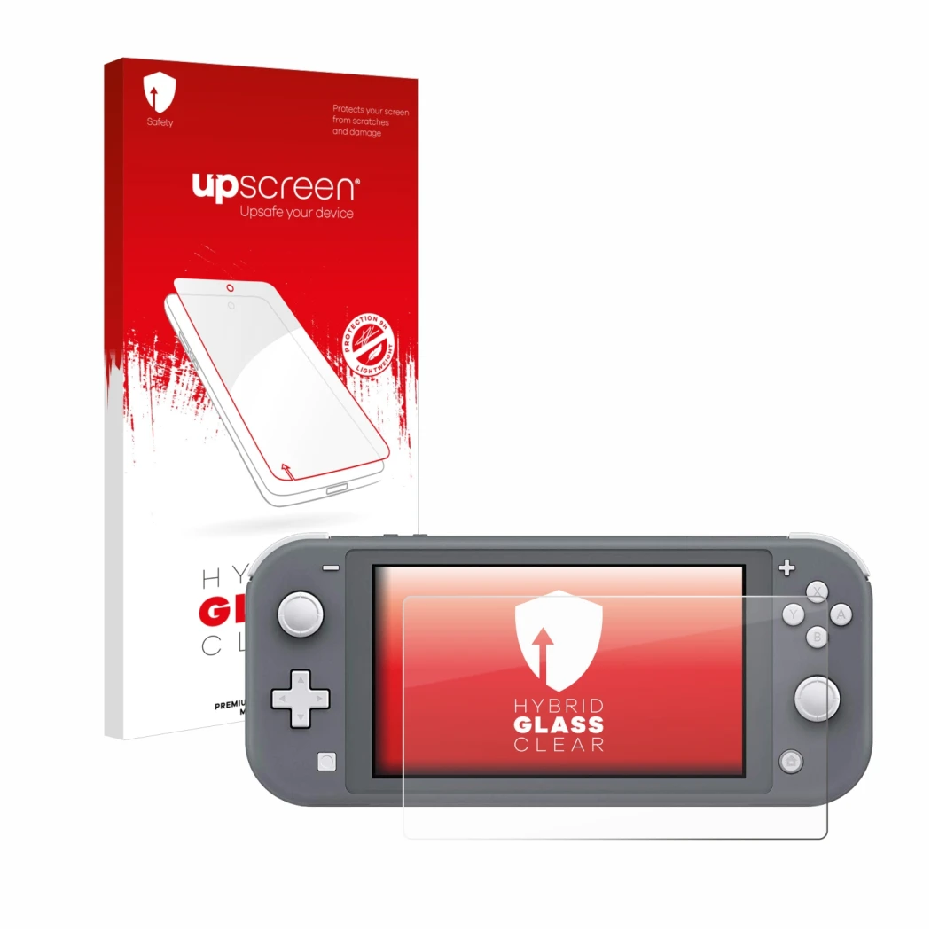 Parte frontal de un envase de producto con el logotipo de la marca upscreen. Al lado se muestra el dispositivo Nintendo Switch
