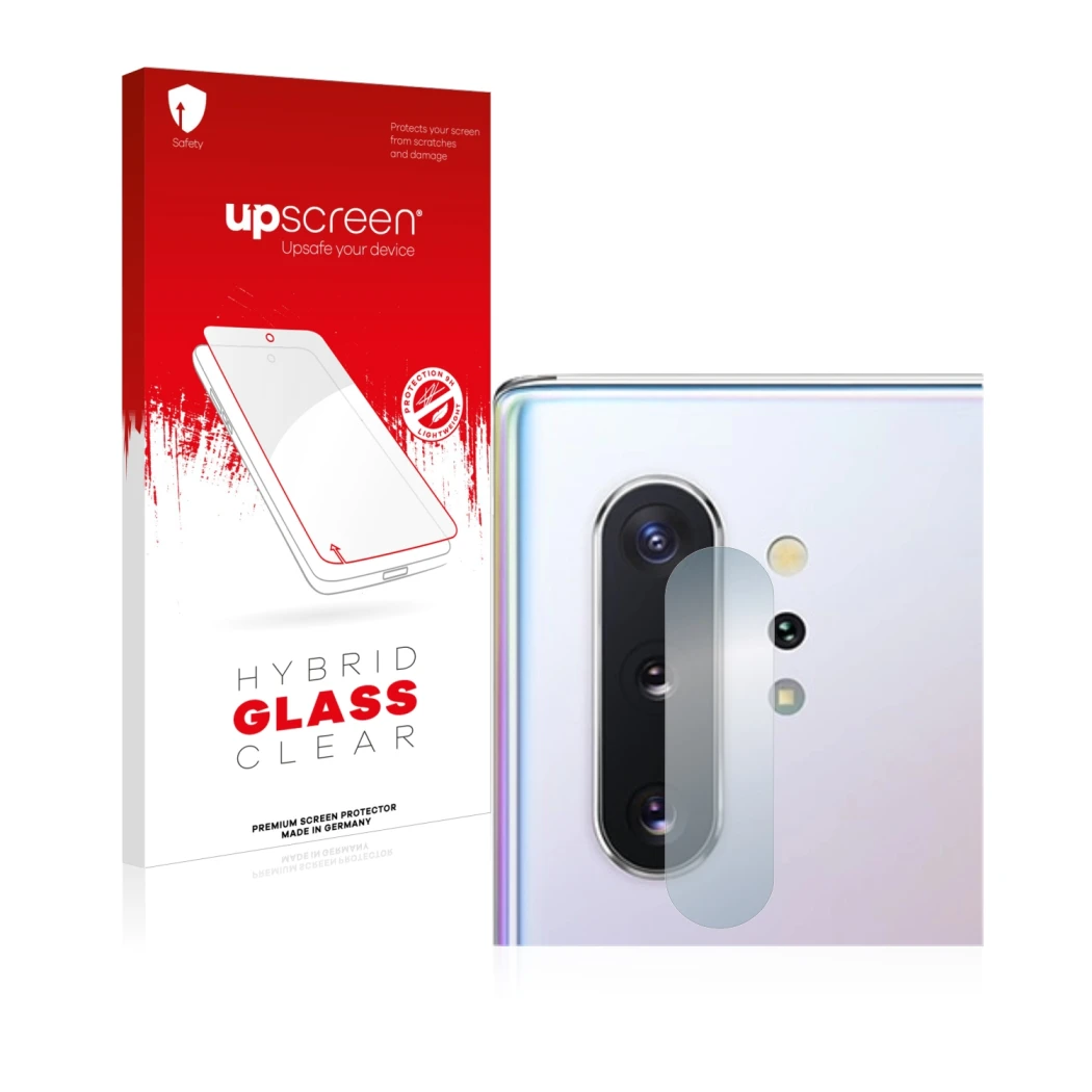 Parte frontal de un envase de producto con el logotipo de la marca upscreen. Al lado se muestra el dispositivo Samsung Galaxy 