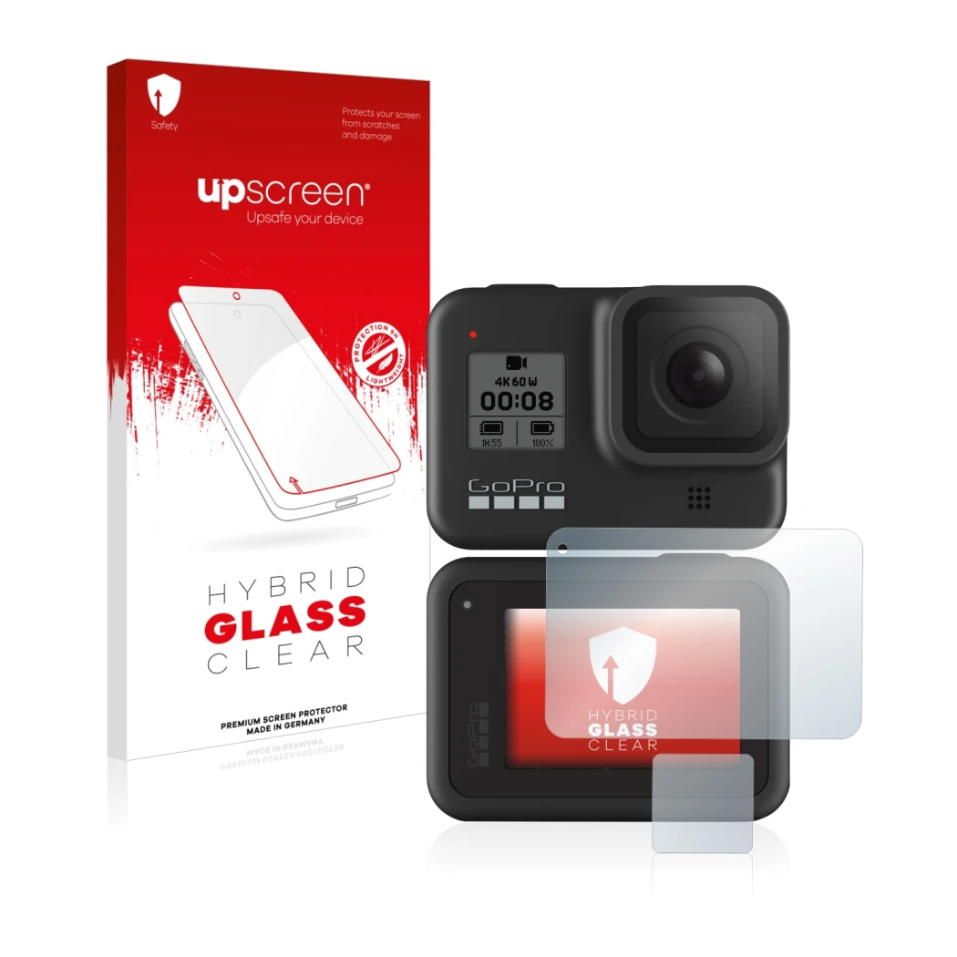 Parte frontal de un envase de producto con el logotipo de la marca upscreen. Al lado se muestra el dispositivo GoPro Hero 8 Bl
