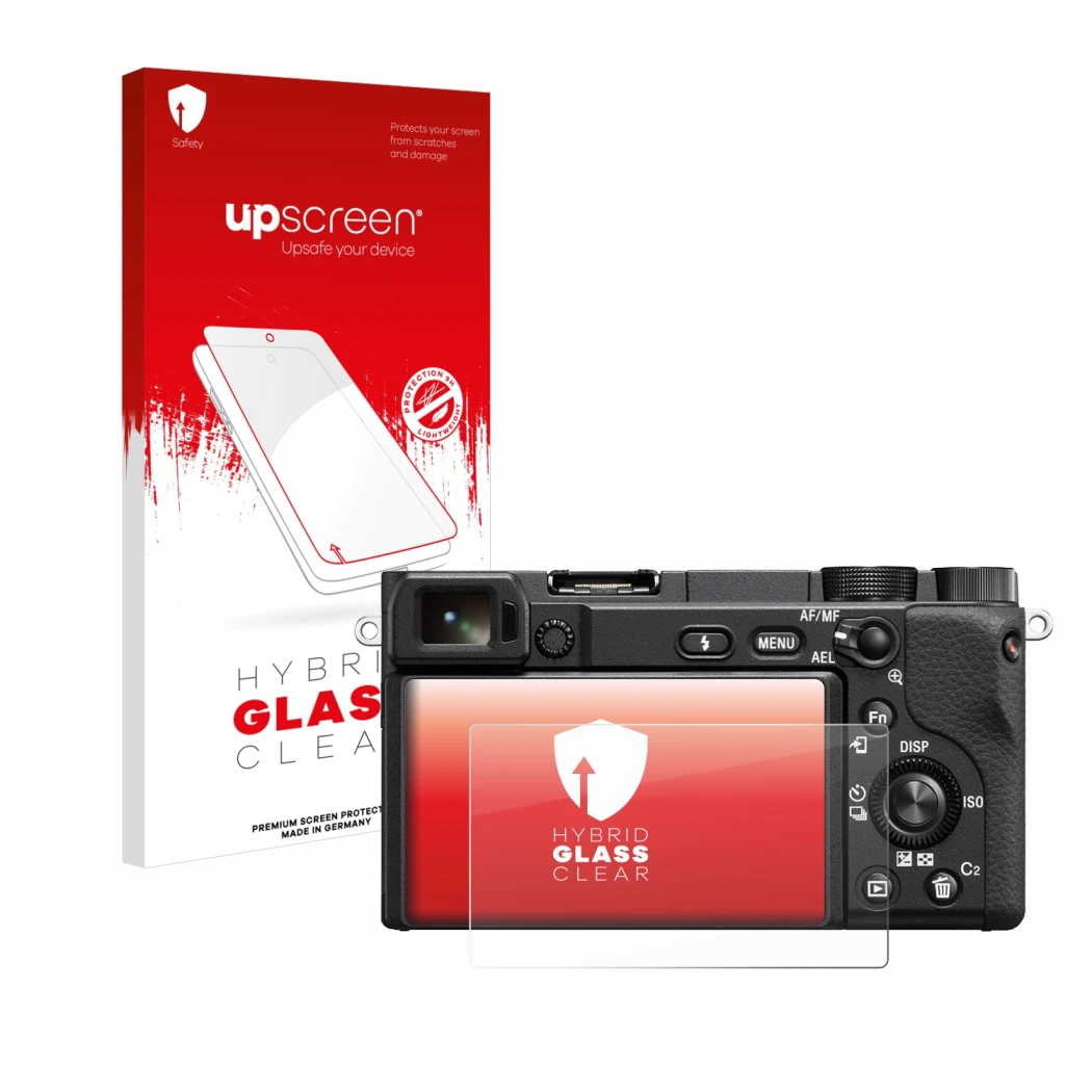 Parte frontal de un envase de producto con el logotipo de la marca upscreen. Al lado se muestra el dispositivo Sony Alpha 6100