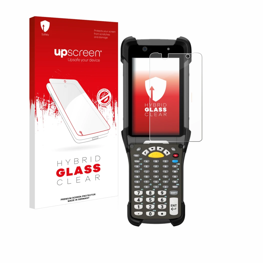 Parte frontal de un envase de producto con el logotipo de la marca upscreen. Al lado se muestra el dispositivo Zebra MC9300 co