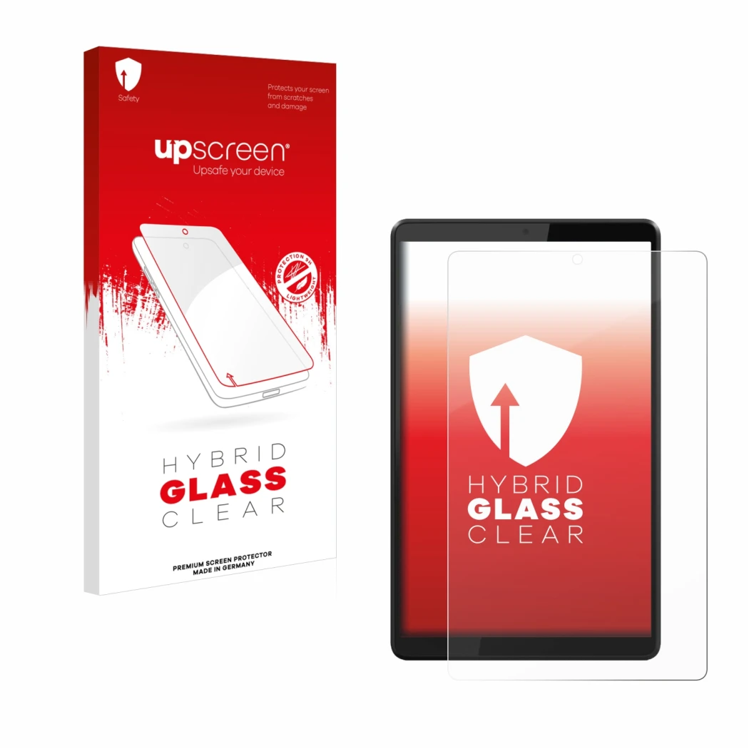 Parte frontal de un envase de producto con el logotipo de la marca upscreen. Al lado se muestra el dispositivo Lenovo Tab M8 c
