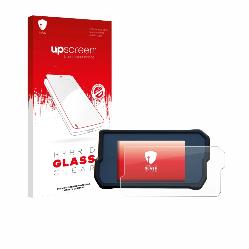 Parte frontal de un envase de producto con el logotipo de la marca upscreen. Al lado se muestra el dispositivo KTM 790 Adventu