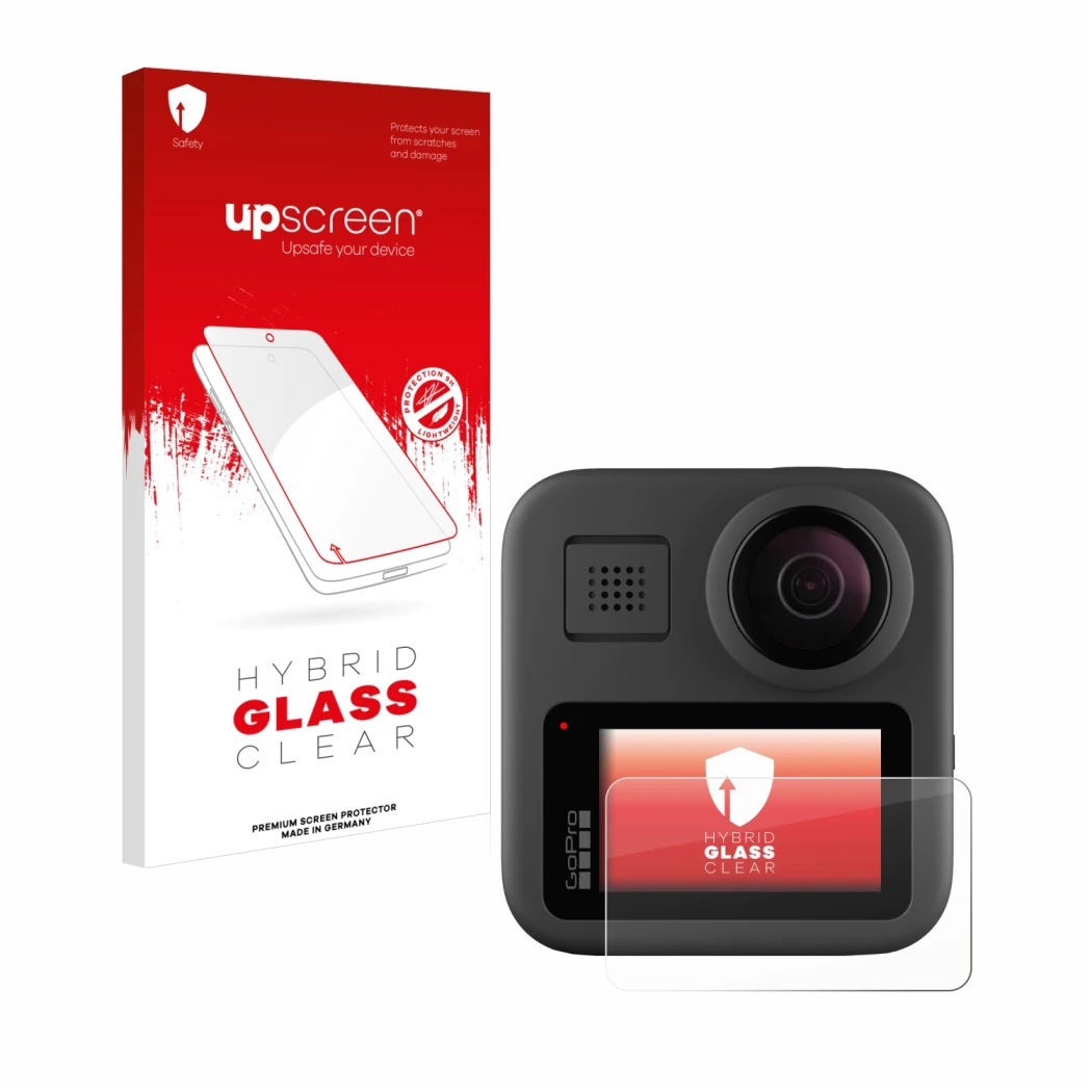 Parte frontal de un envase de producto con el logotipo de la marca upscreen. Al lado se muestra el dispositivo GoPro Max con s