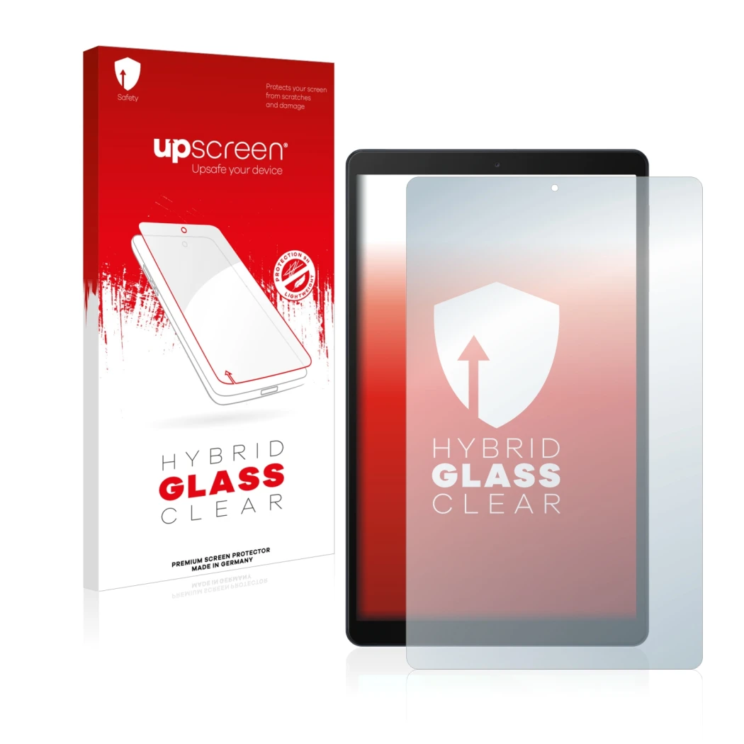 Parte frontal de un envase de producto con el logotipo de la marca upscreen. Al lado se muestra el dispositivo Samsung Galaxy 