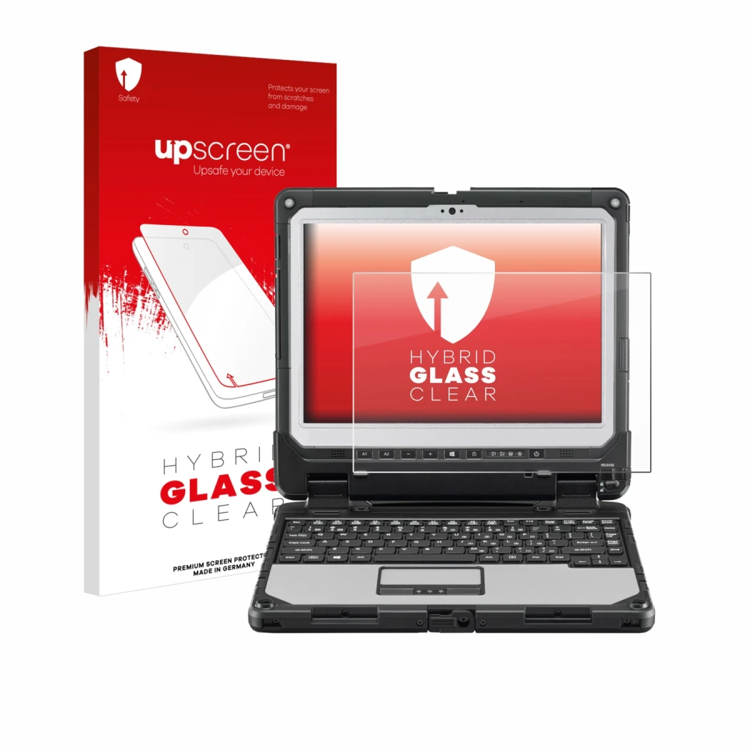 Parte frontal de un envase de producto con el logotipo de la marca upscreen. Al lado se muestra el dispositivo Panasonic Tough