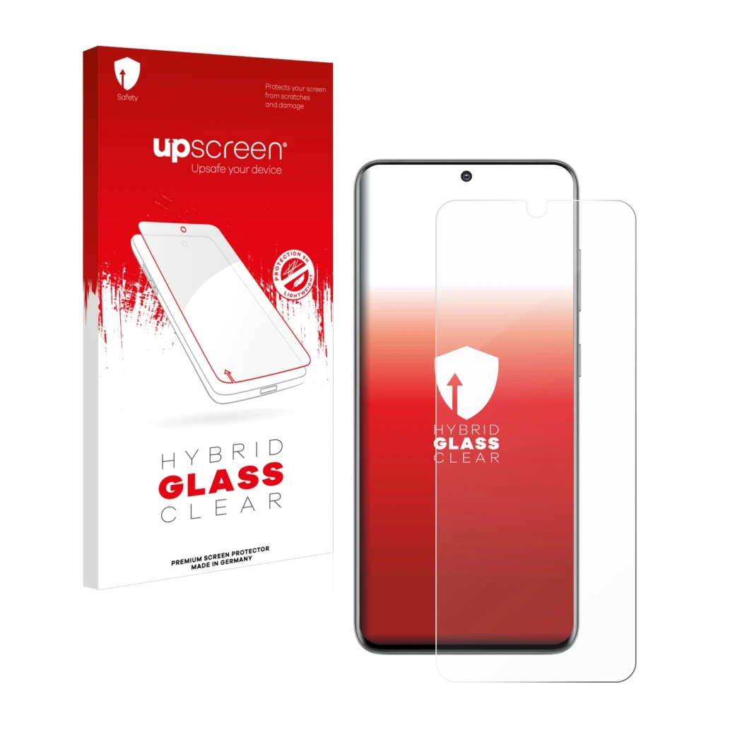 Parte frontal de un envase de producto con el logotipo de la marca upscreen. Al lado se muestra el dispositivo Samsung Galaxy 