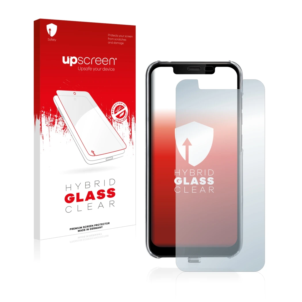 Parte frontal de un envase de producto con el logotipo de la marca upscreen. Al lado se muestra el dispositivo Gigaset GS195LS