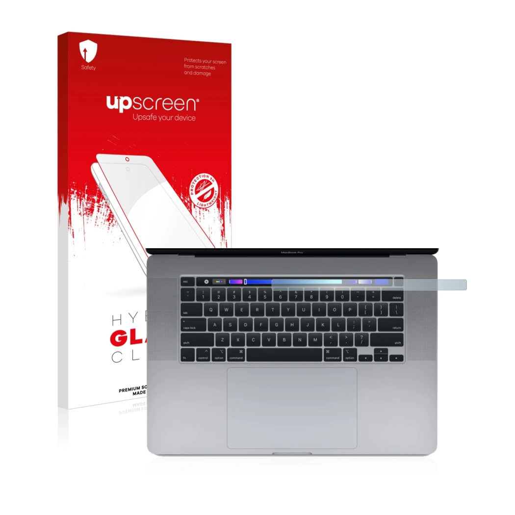Parte frontal de un envase de producto con el logotipo de la marca upscreen. Al lado se muestra el dispositivo Apple MacBook P