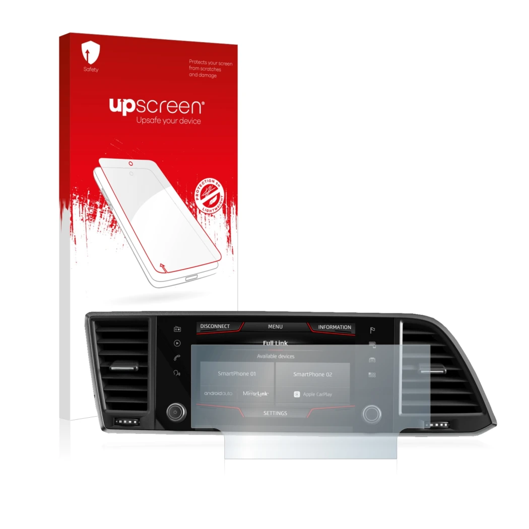 Parte frontal de un envase de producto con el logotipo de la marca upscreen. Al lado se muestra el dispositivo Seat Ateca 2020