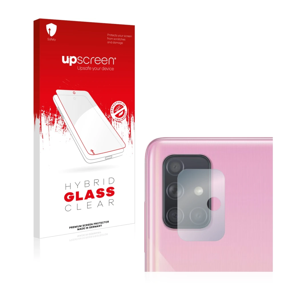 Parte frontal de un envase de producto con el logotipo de la marca upscreen. Al lado se muestra el dispositivo Samsung Galaxy