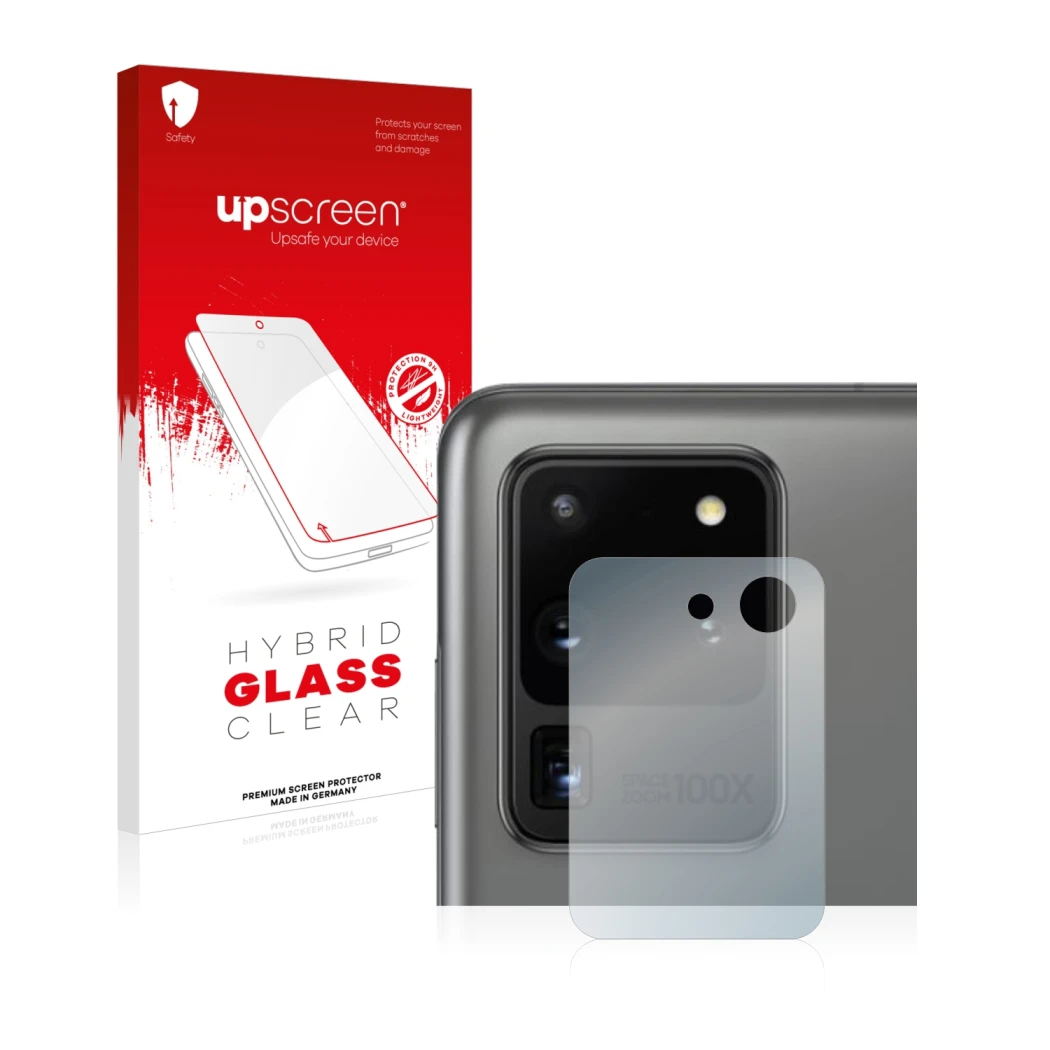 Parte frontal de un envase de producto con el logotipo de la marca upscreen. Al lado se muestra el dispositivo Samsung Galaxy 
