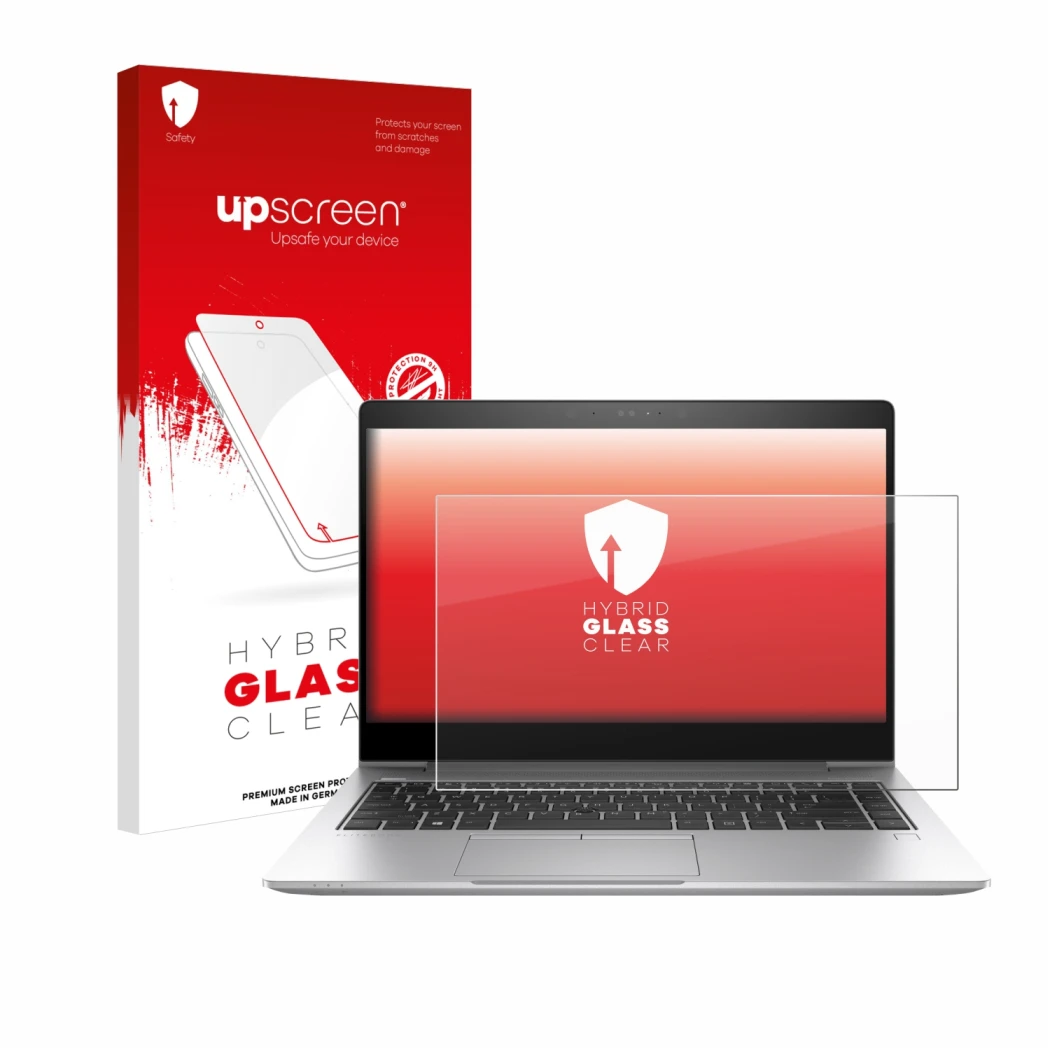 Parte frontal de un envase de producto con el logotipo de la marca upscreen. Al lado se muestra el dispositivo HP EliteBook 84