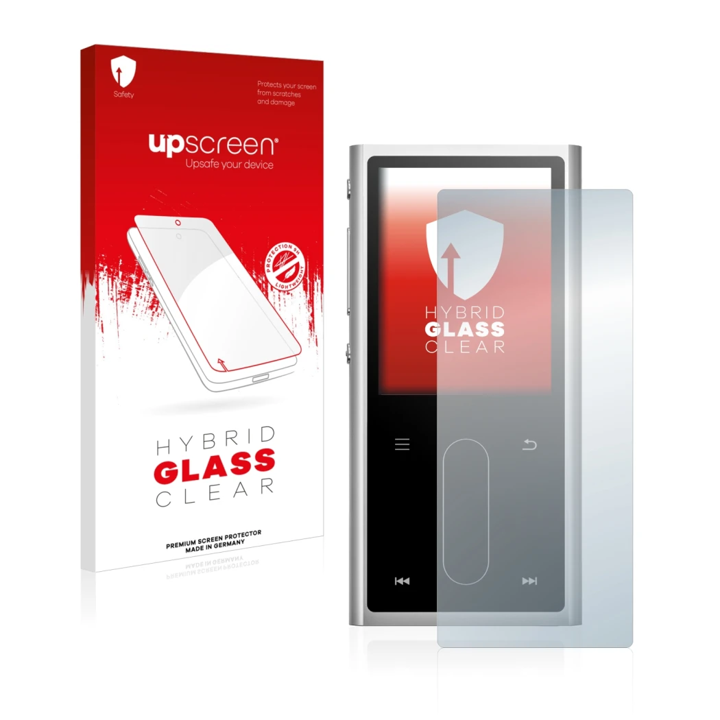 Parte frontal de un envase de producto con el logotipo de la marca upscreen. Al lado se muestra el dispositivo FiiO M3K con su