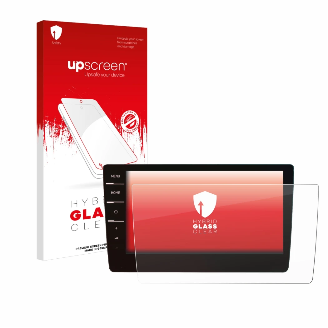 Parte frontal de un envase de producto con el logotipo de la marca upscreen. Al lado se muestra el dispositivo Volkswagen Pass