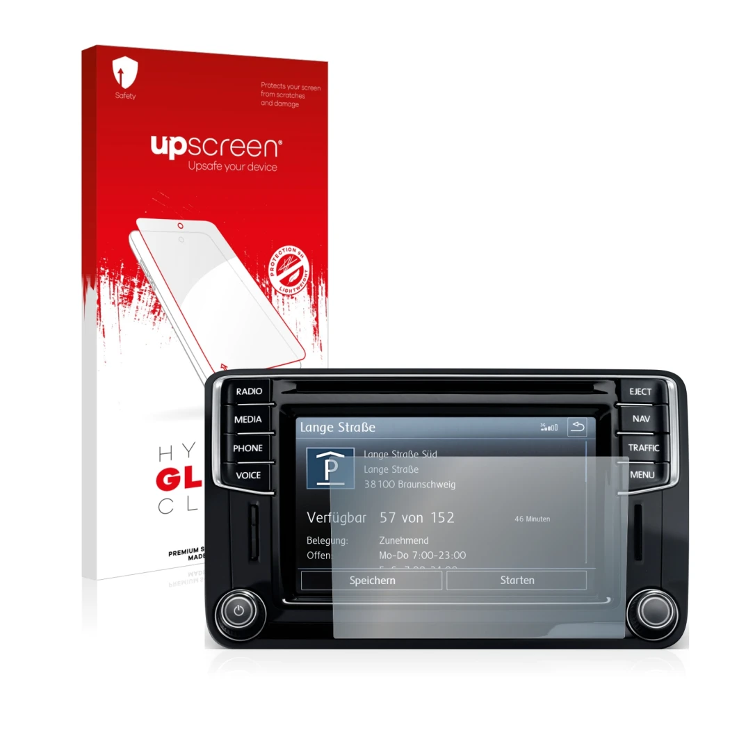 Parte frontal de un envase de producto con el logotipo de la marca upscreen. Al lado se muestra el dispositivo Volkswagen Cadd