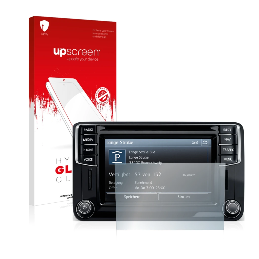 Parte frontal de un envase de producto con el logotipo de la marca upscreen. Al lado se muestra el dispositivo Volkswagen Amar