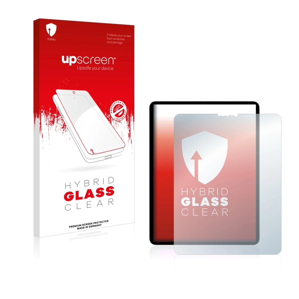 Parte frontal de un envase de producto con el logotipo de la marca upscreen. Al lado se muestra el dispositivo Apple iPad Pro 