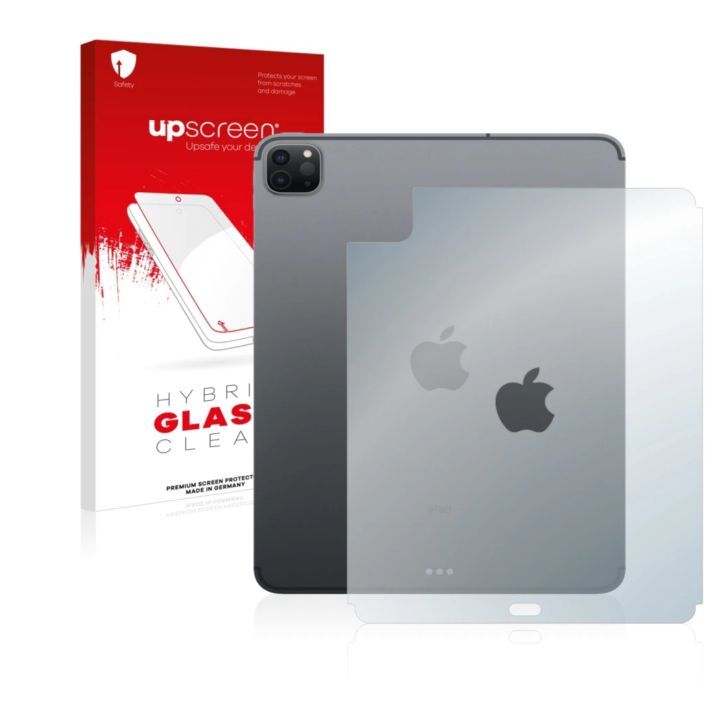 Parte frontal de un envase de producto con el logotipo de la marca upscreen. Al lado se muestra el dispositivo Apple iPad Pro 