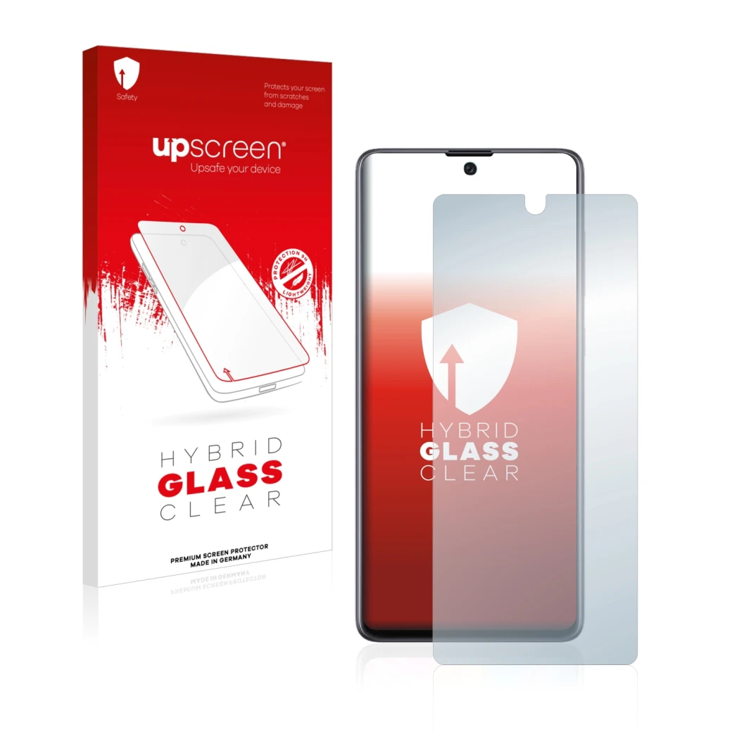 Parte frontal de un envase de producto con el logotipo de la marca upscreen. Al lado se muestra el dispositivo Samsung Galaxy