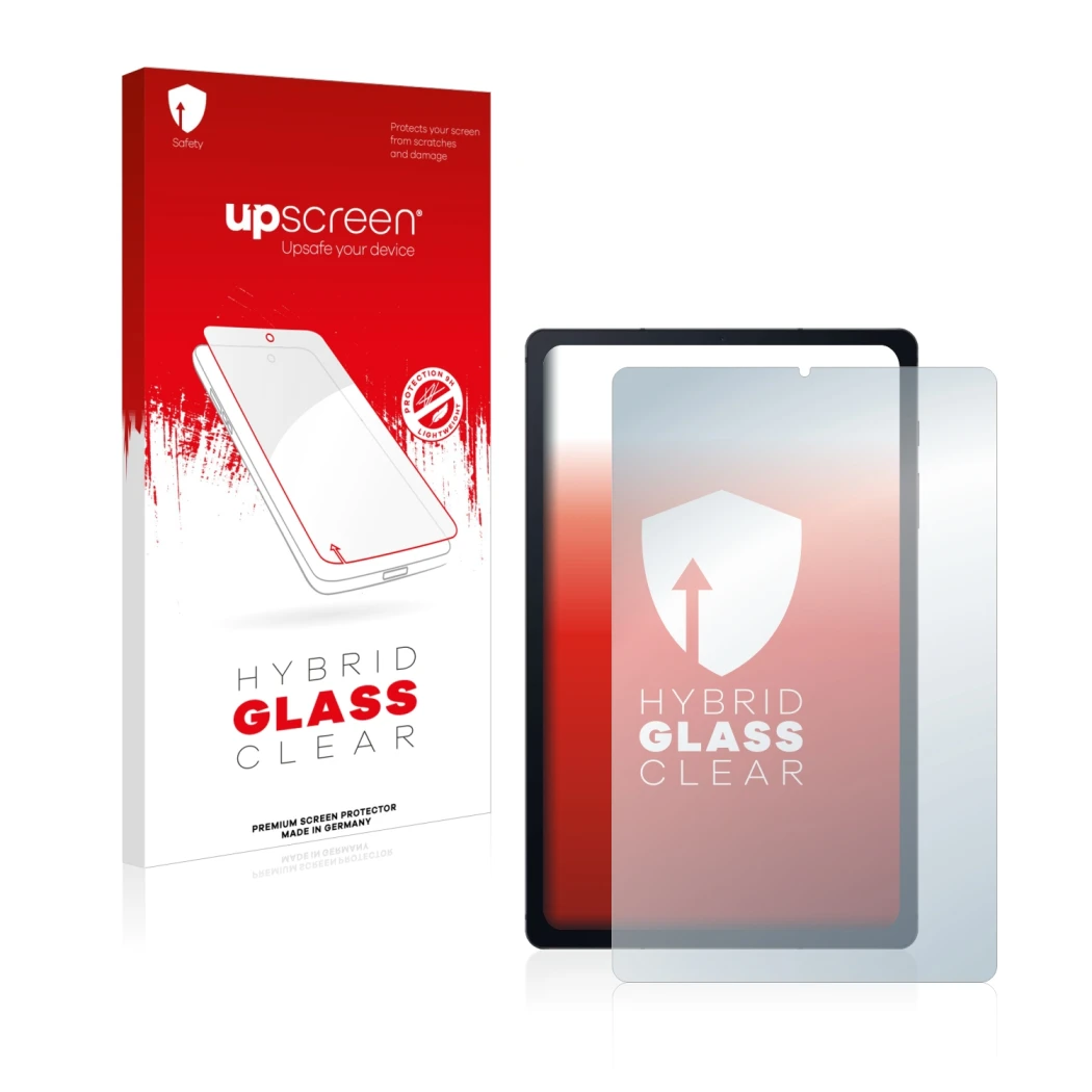 Parte frontal de un envase de producto con el logotipo de la marca upscreen. Al lado se muestra el dispositivo Samsung Galaxy 