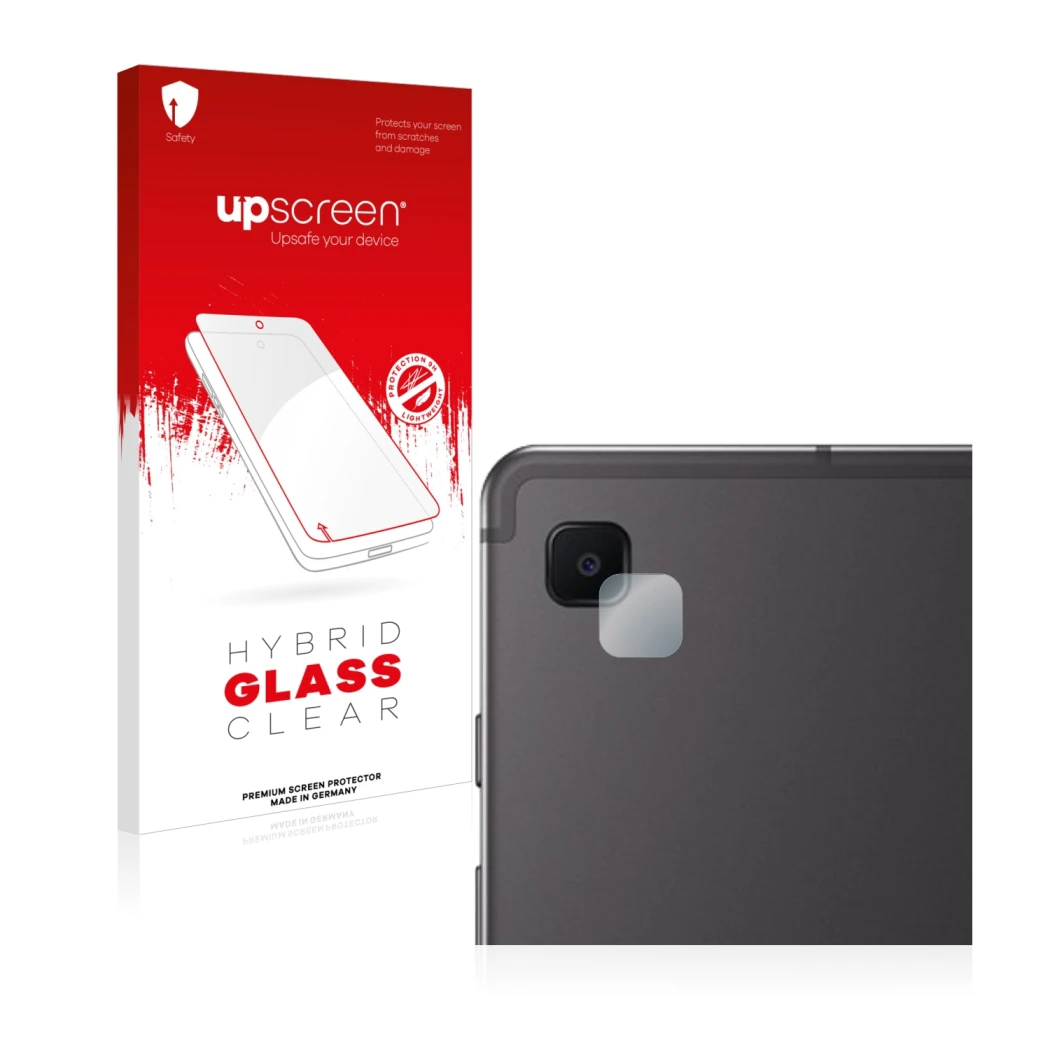 Parte frontal de un envase de producto con el logotipo de la marca upscreen. Al lado se muestra el dispositivo Samsung Galaxy 