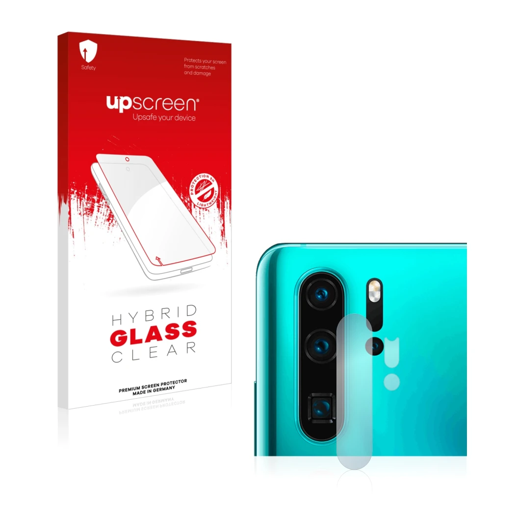 Parte frontal de un envase de producto con el logotipo de la marca upscreen. Al lado se muestra el dispositivo Huawei P30 Pro 